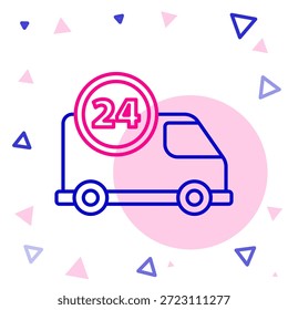 Line Fast round the clock delivery by car icon isolated on white background. Colorful outline concept. Vector Illustration