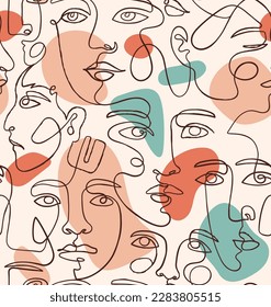 Line female faces seamless pattern. Repeating design element for printing on fabric. Modern fashionable template in continuous line style. Aesthetics and elegance. Cartoon flat vector illustration