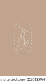 Line female hand with candle. Esotericism and mysticism, minimalist creativity and art, Bohemian style. Poster or banner for website, comfort and coziness. Cartoon flat vector illustration