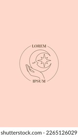 Line female hand with crescent. Religion, imagination and fantasy, mysticism. Beige cover or picture for home. Aesthetics and elegance. Astrology and astronomy. Cartoon flat vector illustration