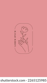 Line female hand with flower. Aesthetics and elegance, stylish minimalist poster or banner for website, cover. Young girl holding rose in her hand. Cartoon flat vector illustration
