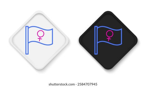 Line Female movement, feminist activist with banner and placards icon isolated on white background. Feminist rights movement, feminism sisterhood. Colorful outline concept. Vector