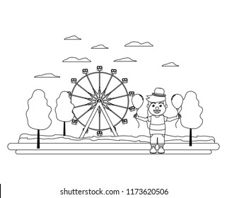 line ferris wheel mechanical and clown boy