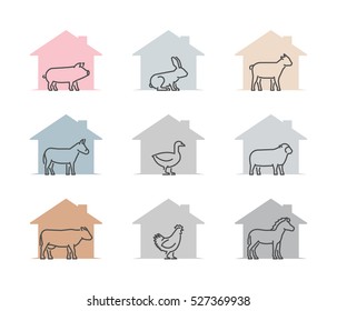 Line figures of farm animals on white background.