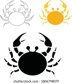 Line and fill art of a Crab, which typically have a very short projecting "tail", usually hidden entirely under the thorax