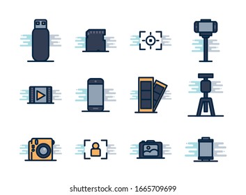 diseño de conjunto de iconos de bloques de relleno de línea, equipo de tecnología fotográfica enfoque fotográfico digital y tema electrónico Ilustración vectorial