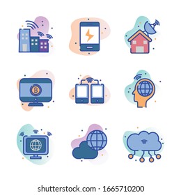 line fill block style icon set design, technology internet digital communication social media web and device theme Vector illustration