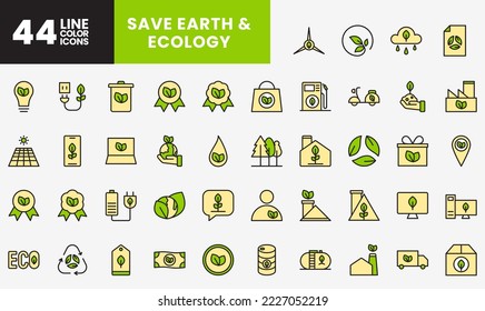 Line fill color Icon pack of Save Earth and Ecology, include leaf, tree, industry, nature, badge and more. editable file, easy to uses, outline fill color icon style.