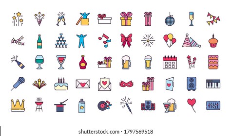 Line And Fill Style 50 Icon Set Design, Party Celebration Event Happy Birthday Holiday Surprise Anniversary And Decorative Theme Vector Illustration