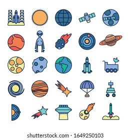 line fill style icon set of Space futuristic cosmos outside universe astronomy adventure and exploration theme Vector illustration