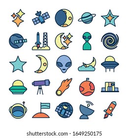 line fill style icon set of Space futuristic cosmos outside universe astronomy adventure and exploration theme Vector illustration