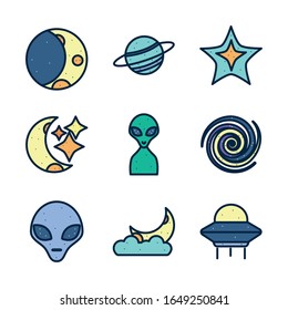 line fill style icon set of Space futuristic cosmos outside universe astronomy adventure and exploration theme Vector illustration