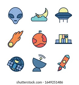 line fill style icon set of Space futuristic cosmos outside universe astronomy adventure and exploration theme Vector illustration