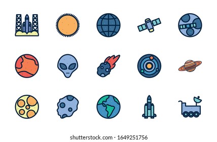 line fill style icon set of Space futuristic cosmos outside universe astronomy adventure and exploration theme Vector illustration