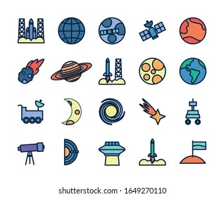 line fill style icon set of Space futuristic cosmos outside universe astronomy adventure and exploration theme Vector illustration