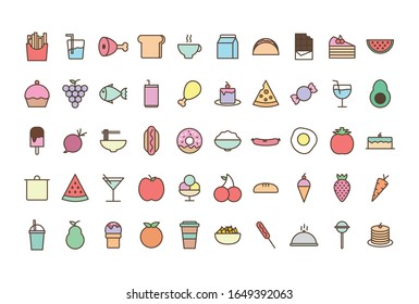 line and fill style icon set design, Eat food restaurant menu dinner lunch cooking and meal theme Vector illustration