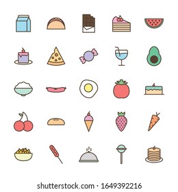 line and fill style icon set design, Eat food restaurant menu dinner lunch cooking and meal theme Vector illustration