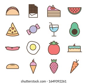 diseño de conjunto de iconos de línea y relleno, menú del restaurante de comida cena comida comida comida comida comida comida comida comida comida comida comida y comida Tema del menú Vector ilustración