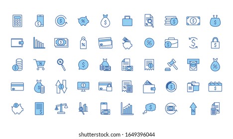 line and fill style icon set of money financial item banking commerce market payment buy currency accounting and invest theme Vector illustration