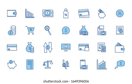 línea y estilo de relleno conjunto de ícono de dinero artículo financiero banca comercio pagos de mercado comprar moneda contabilidad e invertir tema Vector ilustración