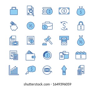 línea y estilo de relleno conjunto de ícono de dinero artículo financiero banca comercio pagos de mercado comprar moneda contabilidad e invertir tema Vector ilustración