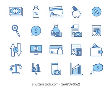 línea y estilo de relleno conjunto de ícono de dinero artículo financiero banca comercio pagos de mercado comprar moneda contabilidad e invertir tema Vector ilustración