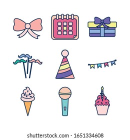 diseño de conjunto de iconos de relleno de línea, celebración de fiesta feliz cumpleaños cumpleaños sorpresa aniversario y tema decorativo Ilustración vectorial
