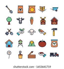 diseño de conjunto de iconos de relleno de línea, estilo de vida agronómico agricultura cosecha agricultura rural y tema del país Ilustración vectorial