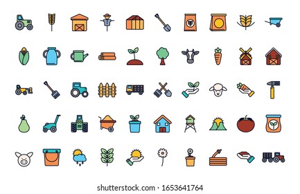 line fill style icon set design, agronomy farm lifestyle agriculture harvest rural farming and country theme Vector illustration