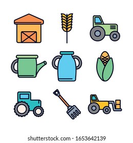 line fill style icon set design, agronomy farm lifestyle agriculture harvest rural farming and country theme Vector illustration