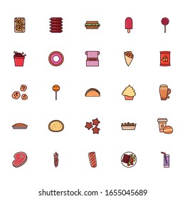 line and fill style icon set design, fast food eat restaurant menu dinner lunch cooking and meal theme Vector illustration