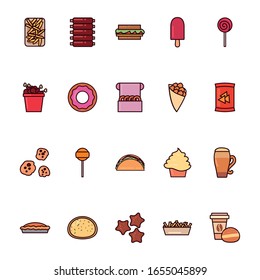 line and fill style icon set design, fast food eat restaurant menu dinner lunch cooking and meal theme Vector illustration