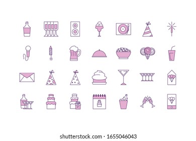 line fill style icon set design, Party celebration event happy birthday holiday surprise anniversary and decorative theme Vector illustration
