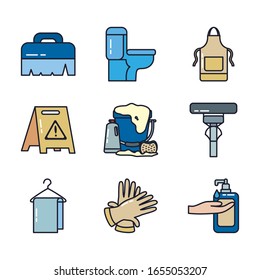 line and fill style icon set design, Cleaning service wash home hygiene equipment domestic interior housework and housekeeping theme Vector illustration