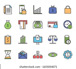 línea y relleno conjunto de iconos de financiación de impuestos dinero artículo financiero banca comercio pagos de mercado comprar moneda contabilidad e invertir tema Vector ilustración