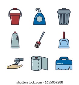 line and fill style icon set design, Cleaning service wash home hygiene equipment domestic interior housework and housekeeping theme Vector illustration