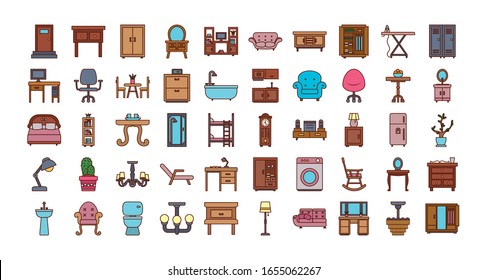 line and fill style icon set design, Home room decoration interior living building apartment and residential theme Vector illustration