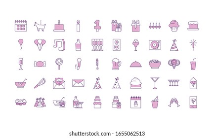 line fill style icon set design, Party celebration event happy birthday holiday surprise anniversary and decorative theme Vector illustration