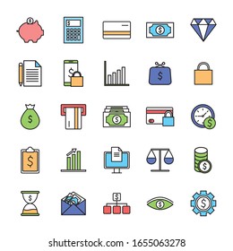 línea y relleno conjunto de iconos de financiación de impuestos dinero artículo financiero banca comercio pagos de mercado comprar moneda contabilidad e invertir tema Vector ilustración