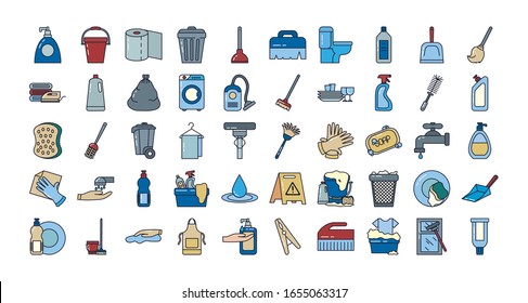 line and fill style icon set design, Cleaning service wash home hygiene equipment domestic interior housework and housekeeping theme Vector illustration