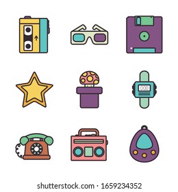 diseño de conjunto de iconos de relleno de línea, tecnología de ocio retro, obsesión digital y tema de estilo de vida Ilustración vectorial