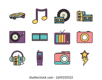 line fill style icon set design, retro leisure technology entertainment obsession digital and lifestyle theme Vector illustration