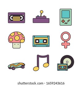 line fill style icon set design, retro leisure technology entertainment obsession digital and lifestyle theme Vector illustration