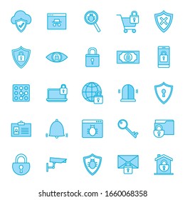 diseño de conjunto de iconos de estilo de línea y relleno de advertencia del sistema de seguridad protección de peligro alerta web y tema seguro Ilustración del vector