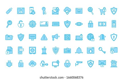 diseño de conjunto de iconos de estilo de línea y relleno de advertencia del sistema de seguridad protección de peligro alerta web y tema seguro Ilustración del vector