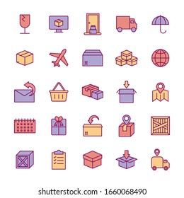 line and fill style icon set design, Delivery logistics transportation shipping service warehouse industry and global theme Vector illustration