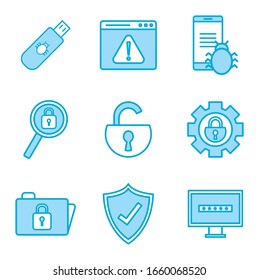 line and fill style icon set design of Security system warning protection danger web alert and safe theme Vector illustration