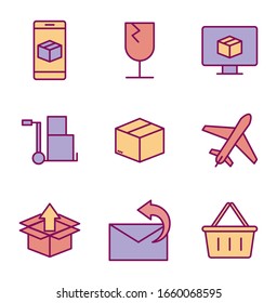 line and fill style icon set design, Delivery logistics transportation shipping service warehouse industry and global theme Vector illustration