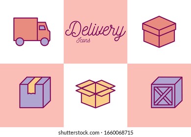 Design des Stylesymbols, Lieferlogistik-Transportwarenindustrie und Vektorillustration-Illustration zum Thema 