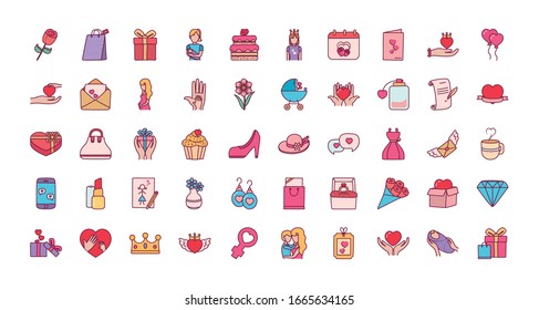 line and fill style icon set design, happy mothers day love relationship decoration celebration greeting and invitation theme Vector illustration